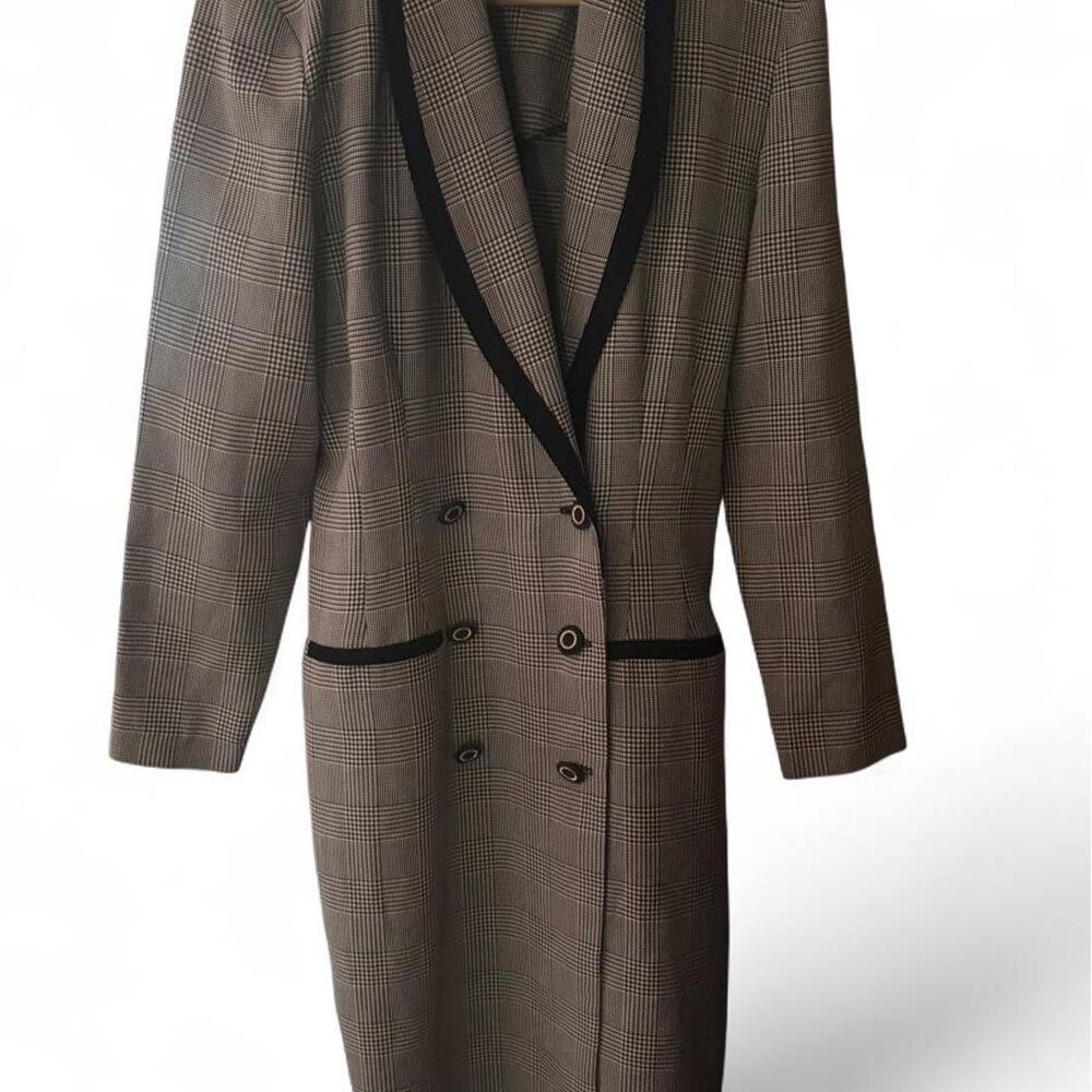 Vintage Dandy & Wolfe brown plaid blazer dress with black size m trim